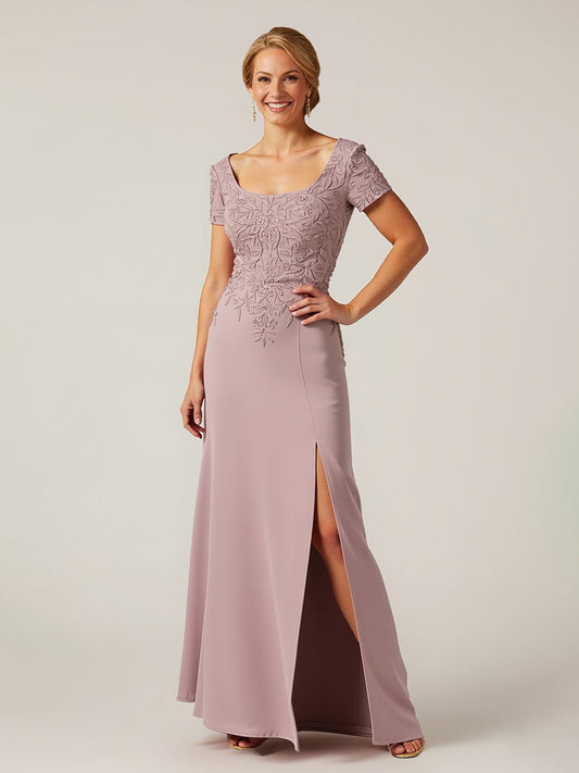 Embroidered Bodice Formal Gown with High Slit Vintage Mauve