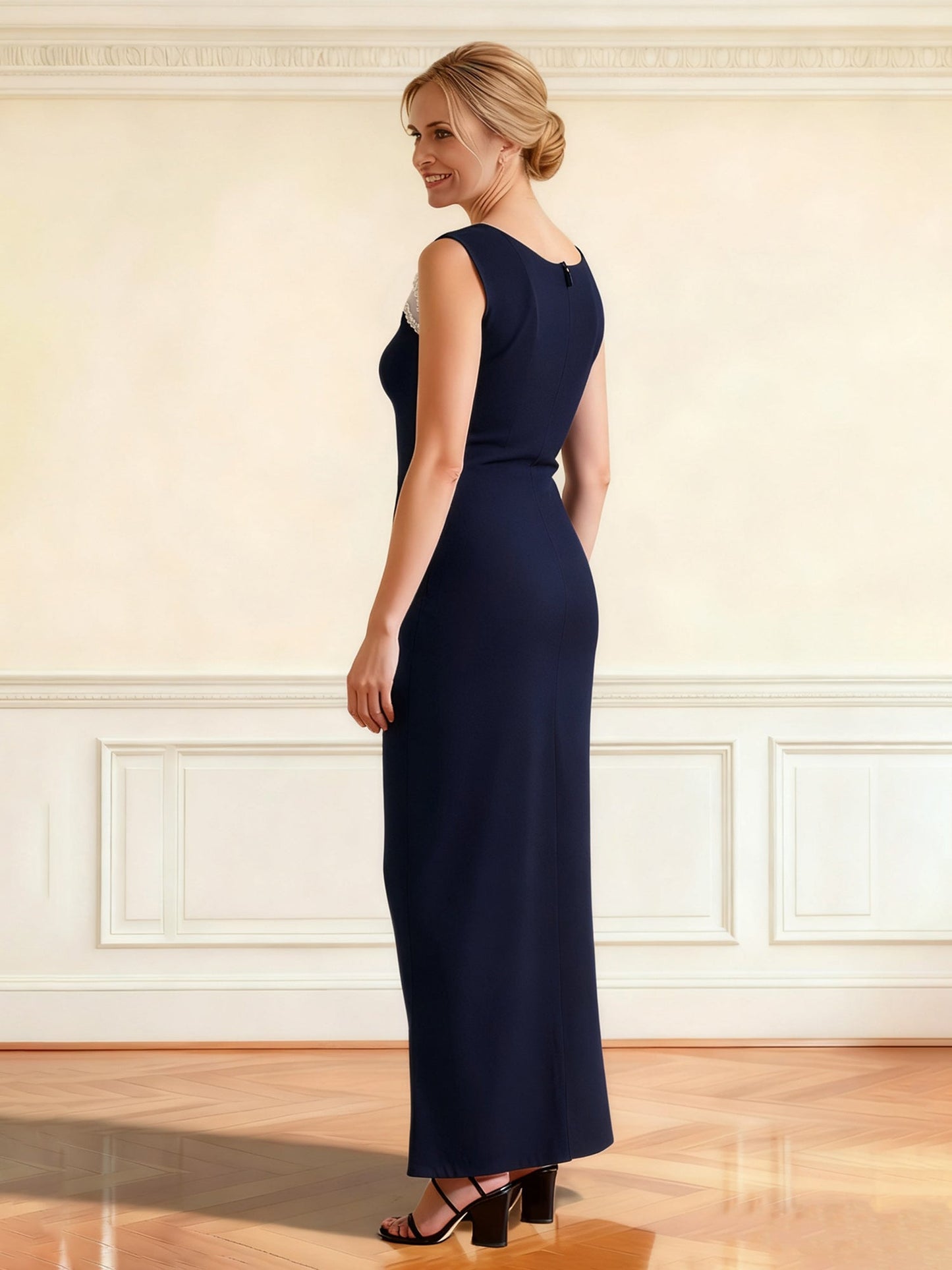 Sheer Lace Yoke Sleeveless Gown with Ruched Front Dark Navy