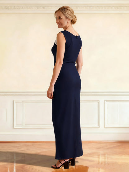 Sheer Lace Yoke Sleeveless Gown with Ruched Front Dark Navy