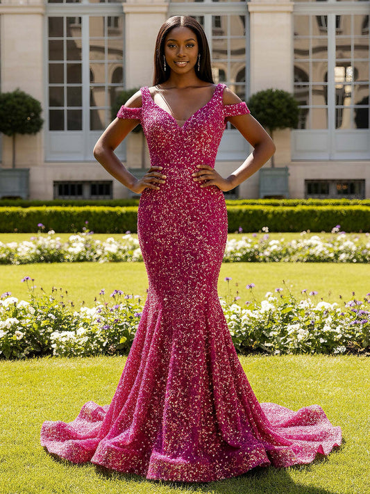 Sparkling Sequin Gown with Off-Shoulder Straps Fuchsia