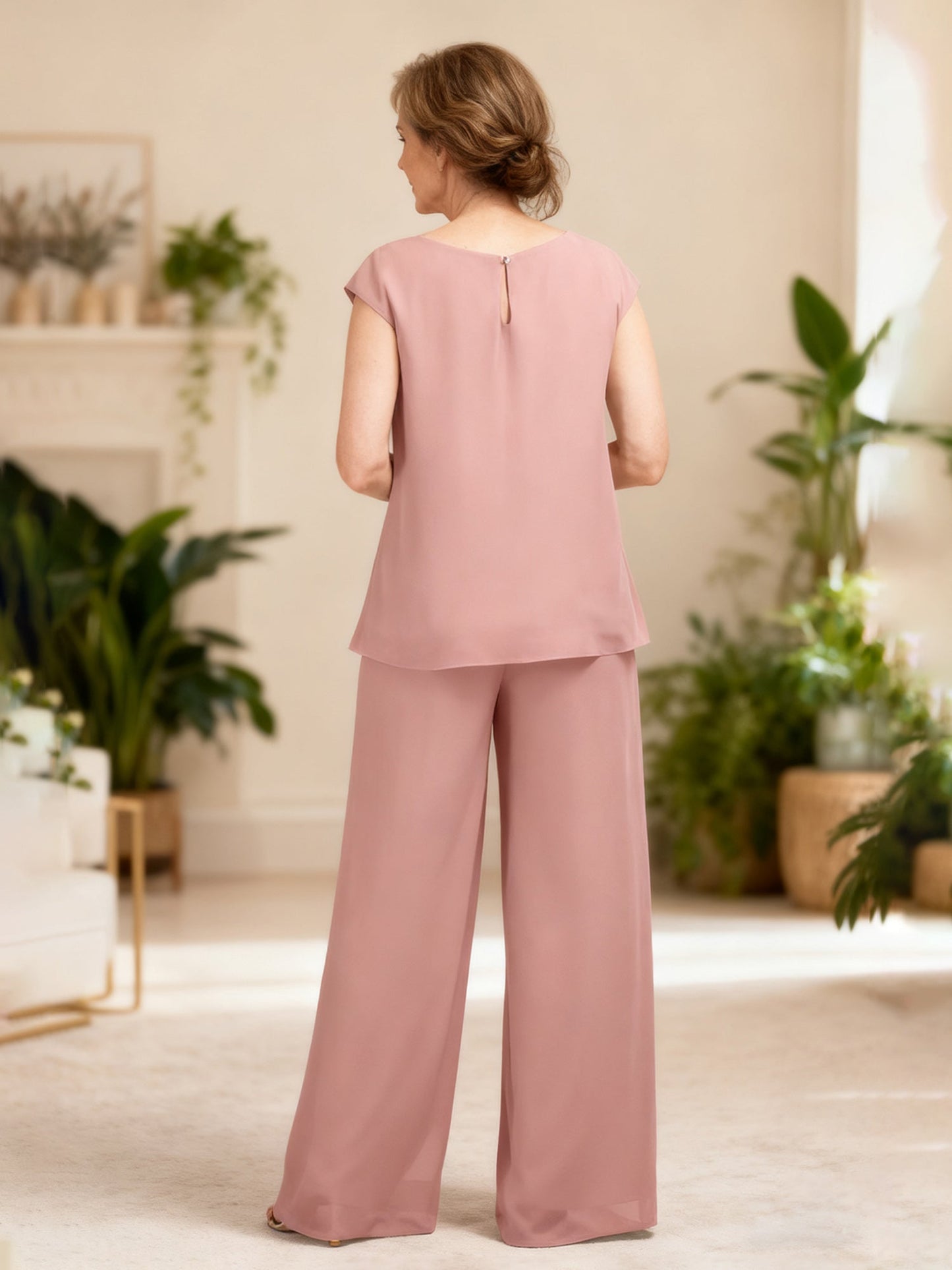 Chiffon Cap Sleeve Tunic and Wide Leg Pant Set Dusty Rose