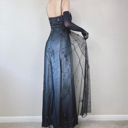 Blue/Grey Delicate Beaded Long Tulle Elegant Ball Gown Evening Dress Formal Birthday Party Dress Prom Dress gh3152