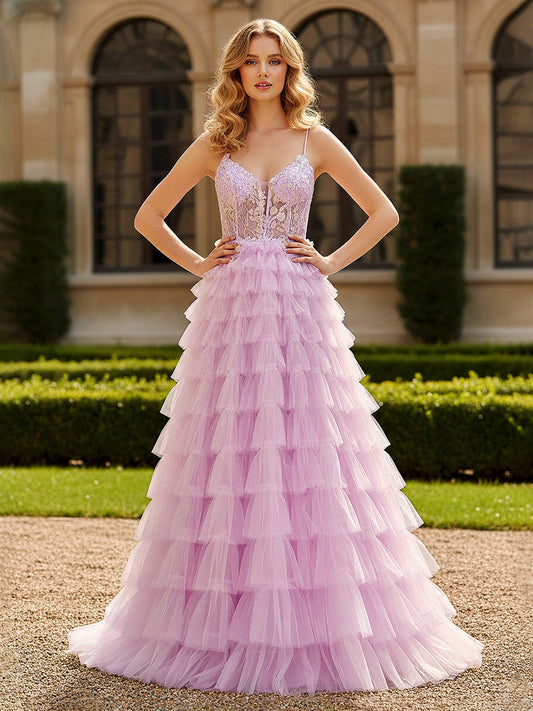 Tiered Ruffle Tulle Ball Gown with Sheer Bodice Lilac
