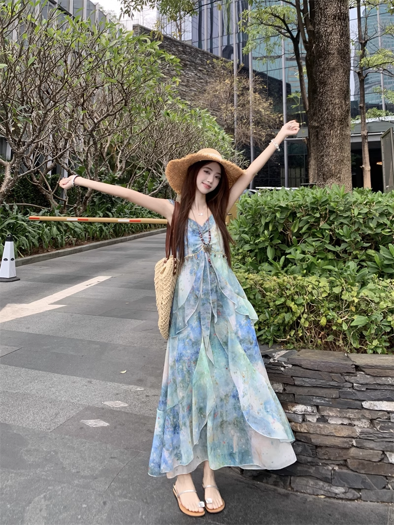 New Fashion Irregular Ruffled Dress Hem Design Beach Holiday A-line Sleeveless Floral Dress HZ1024