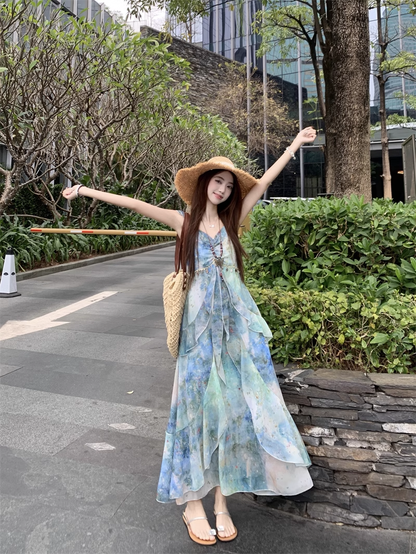 New Fashion Irregular Ruffled Dress Hem Design Beach Holiday A-line Sleeveless Floral Dress HZ1024