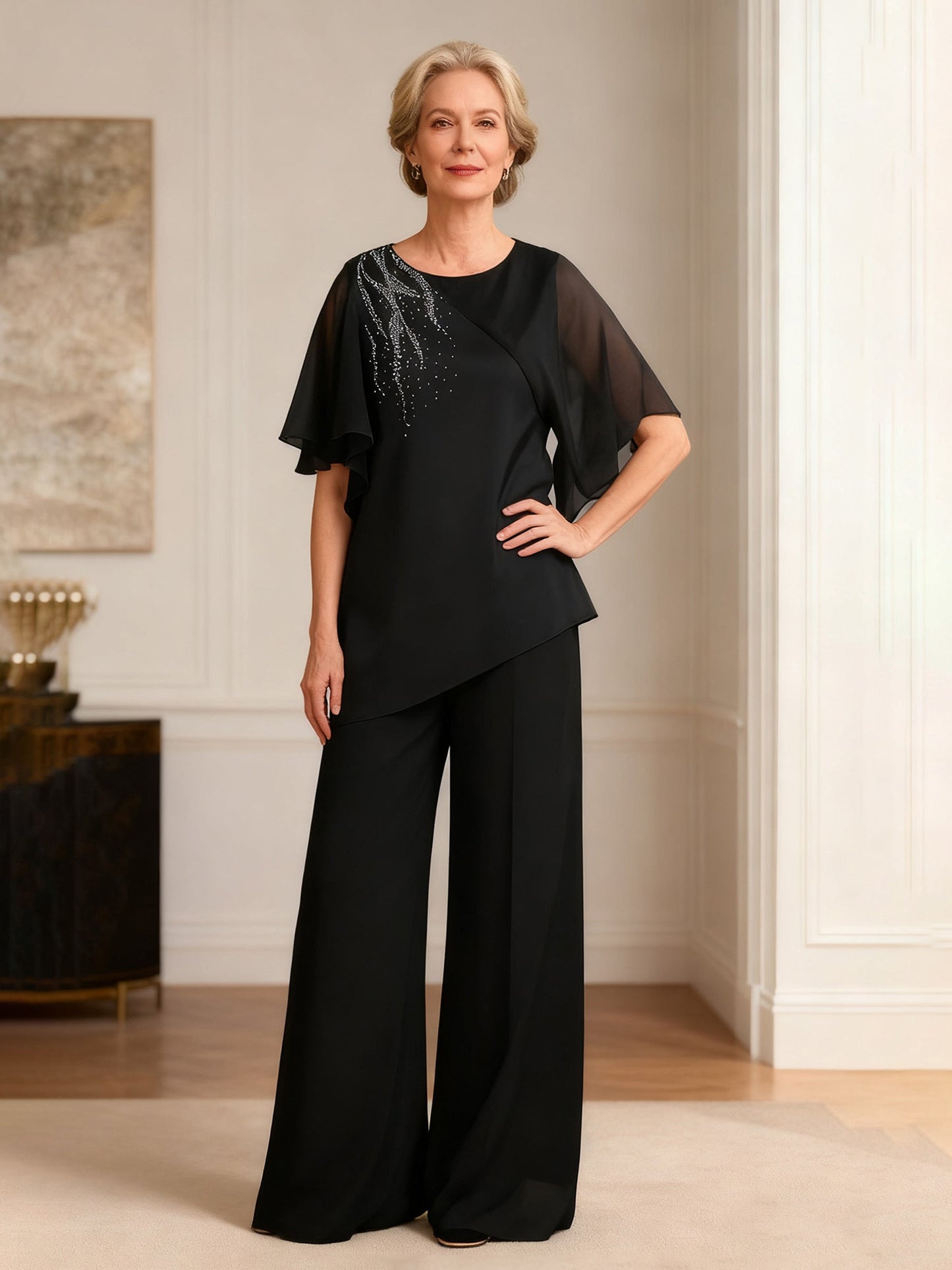 Asymmetrical Hem Formal Top and Wide Leg Trouser Black
