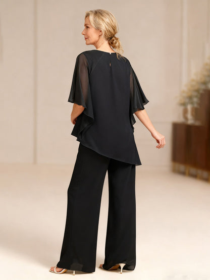 Asymmetrical Hem Formal Top and Wide Leg Trouser Black