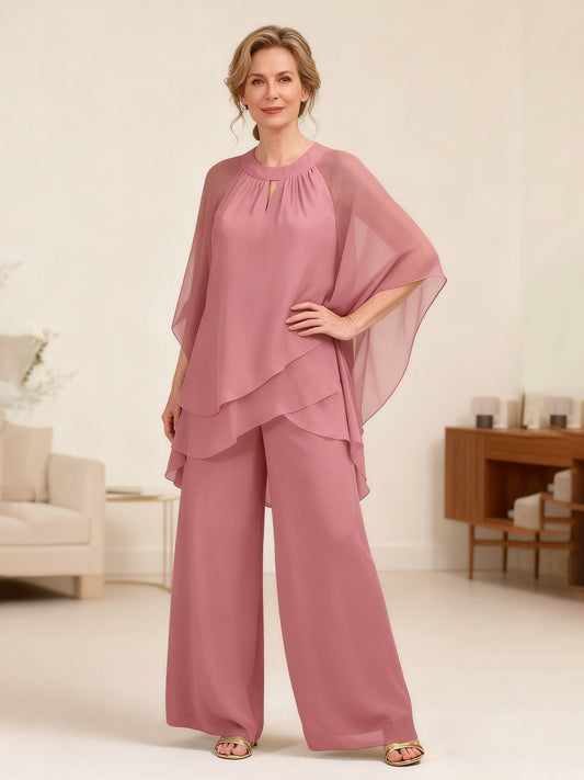 Layered Chiffon Poncho Top and Wide Leg Pant Suit Cinnamon Rose