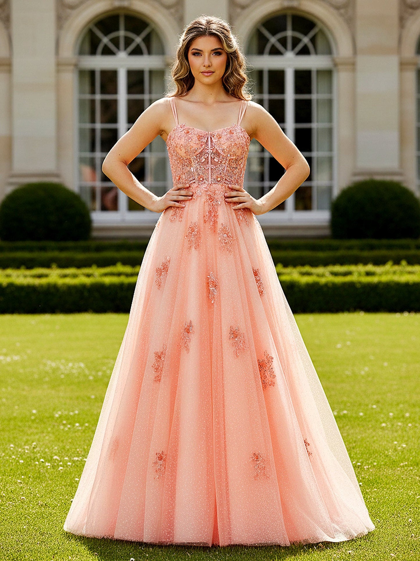 Embellished Bodice A-Line Gown with Sparkle Tulle Papaya