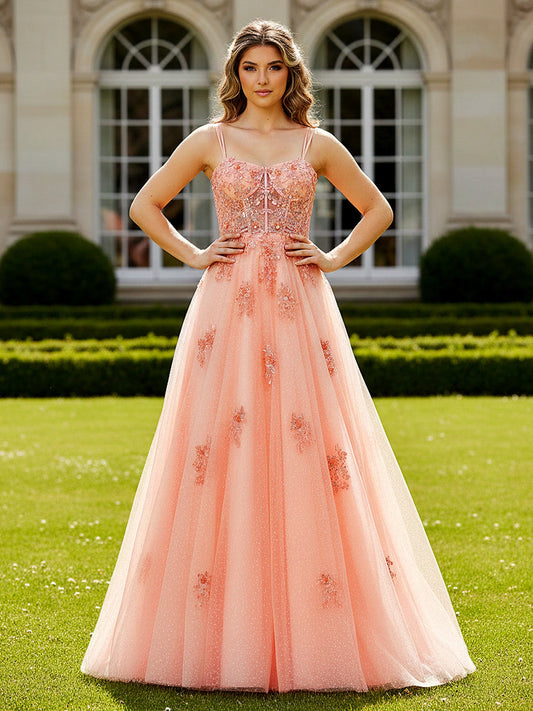Embellished Bodice A-Line Gown with Sparkle Tulle Papaya