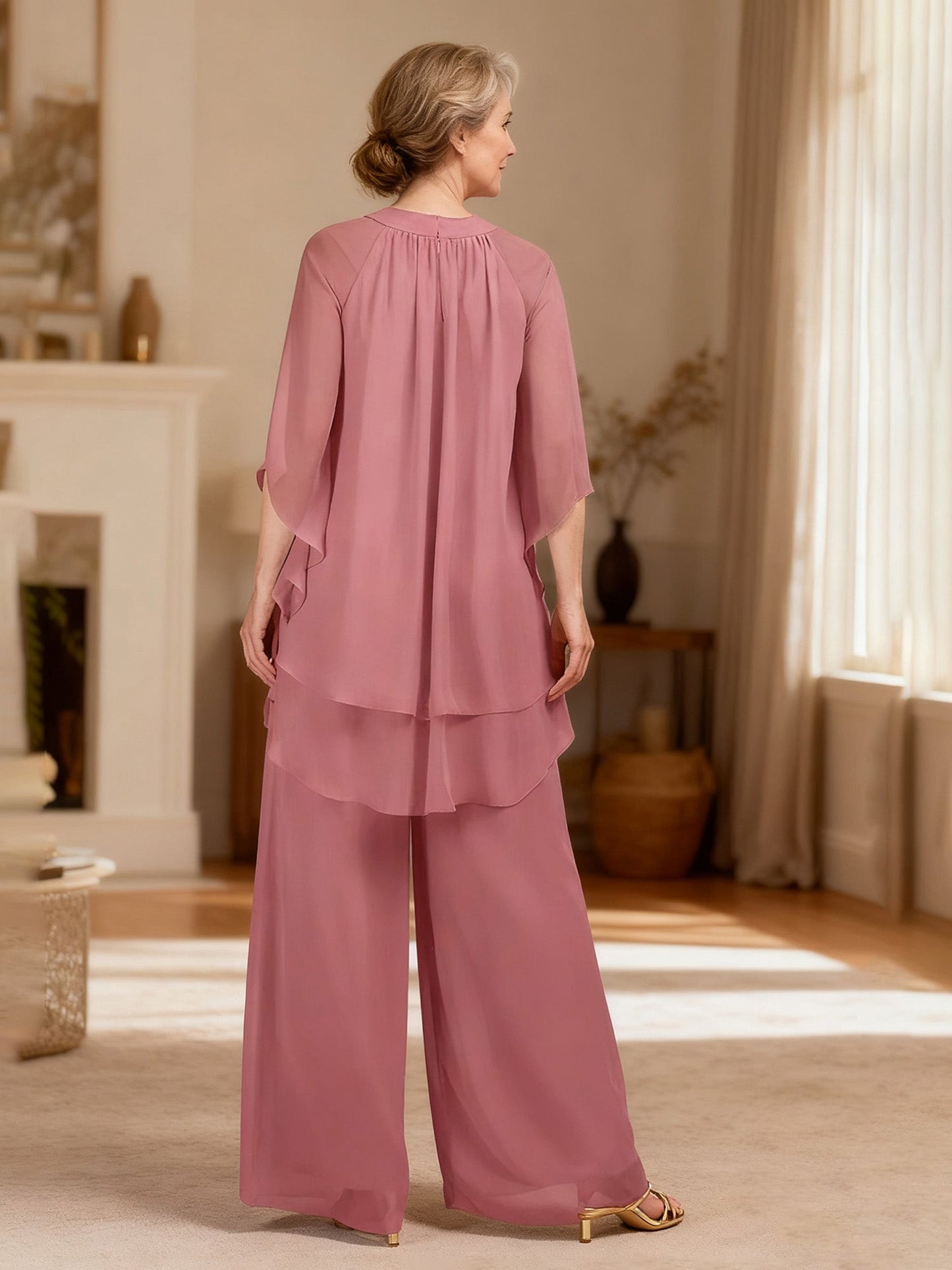 Layered Chiffon Poncho Top and Wide Leg Pant Suit Cinnamon Rose