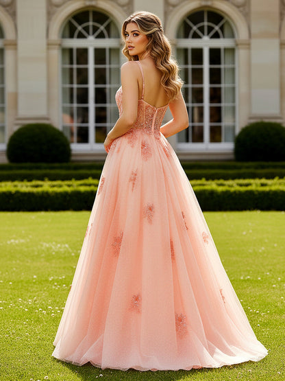 Embellished Bodice A-Line Gown with Sparkle Tulle Papaya