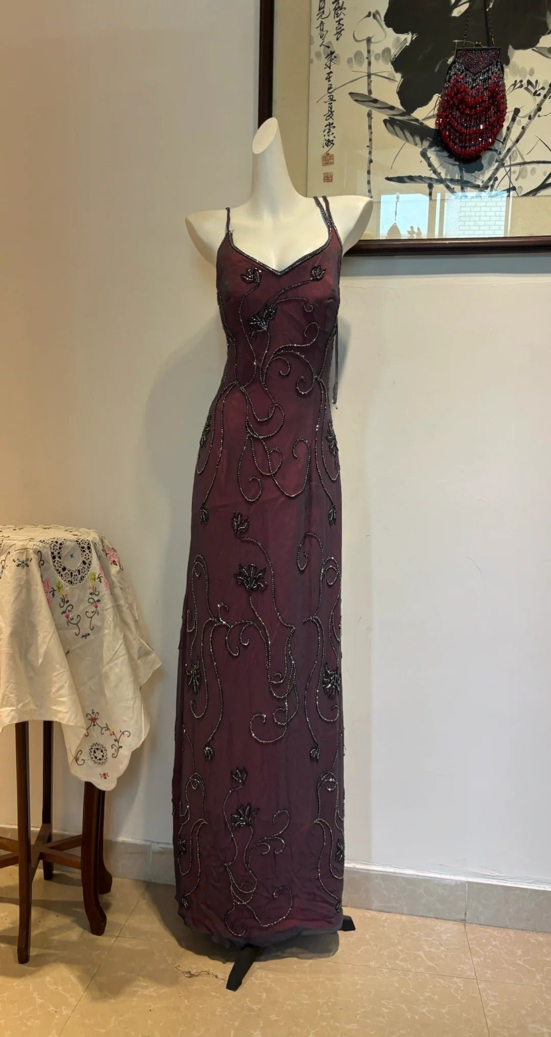Elegant Vintage Burgundy Beaded Floral Crossover Backless Satin Long Prom Dress Evening Dress cc5374