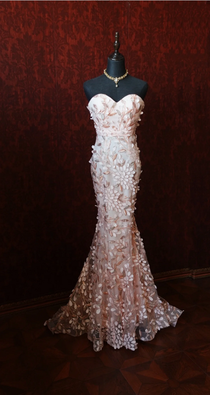 Sweet Pink Mermaid Sweetheart Neckline 3D Petal Tulle Long Prom Dress Evening Dress cc5375