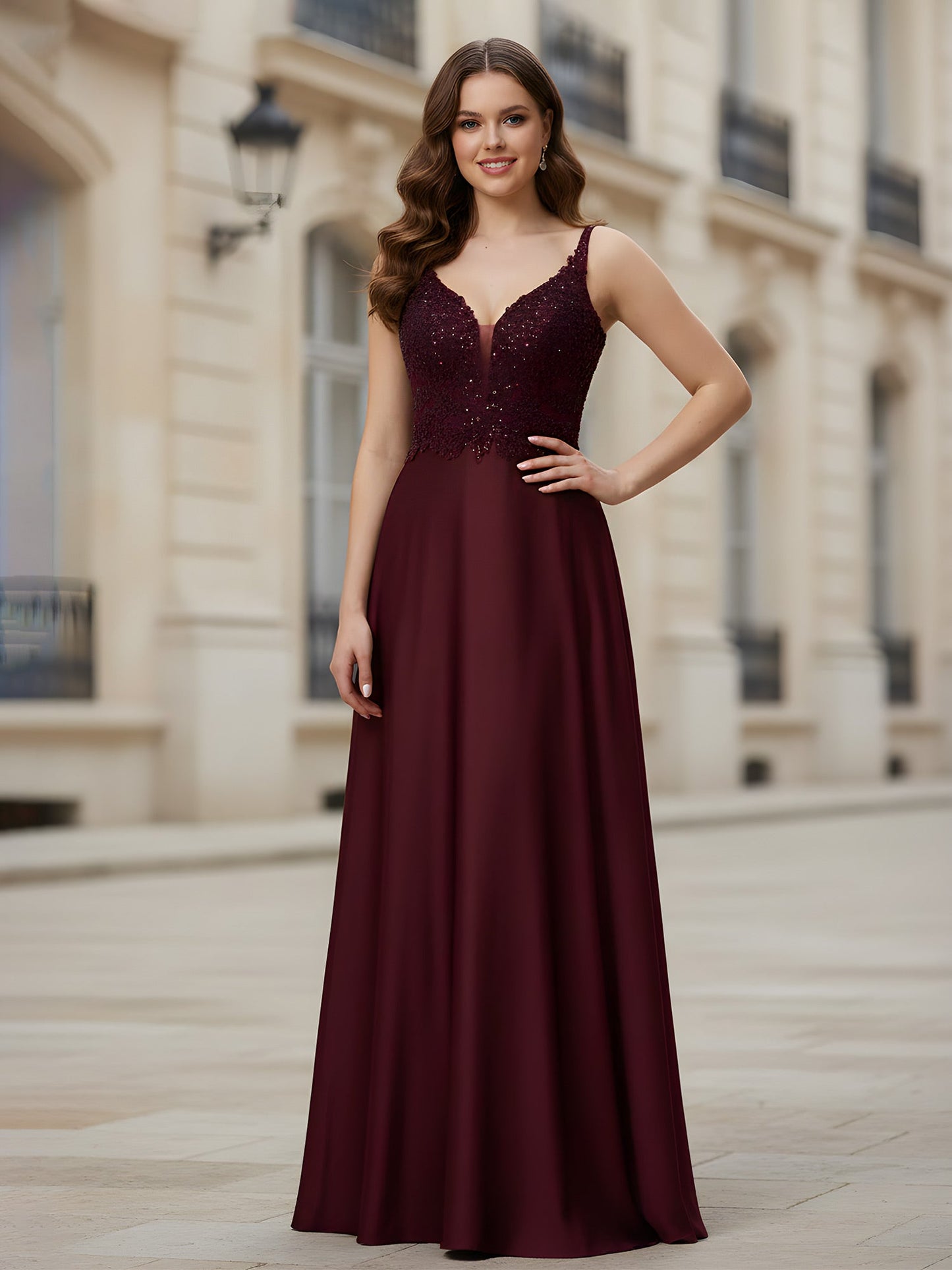 Sleeveless Lace Sequins A-Line Long Dress Burgundy
