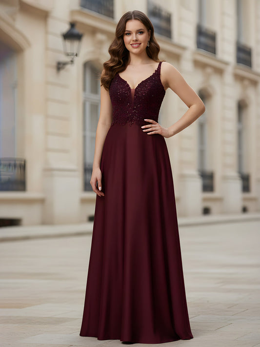 Sleeveless Lace Sequins A-Line Long Dress Burgundy