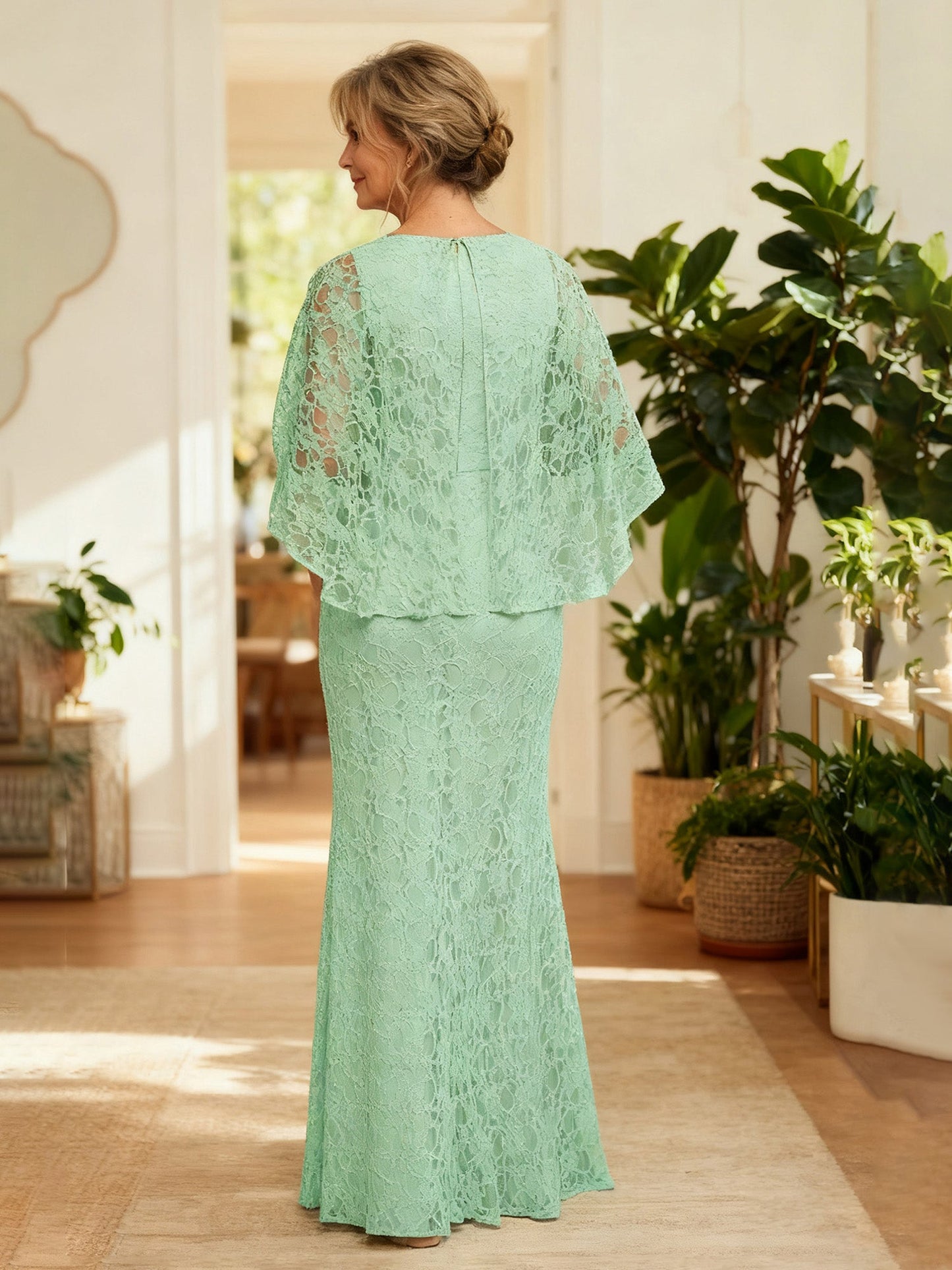 All-Over Lace Capelet Overlay Formal Gown Mint Green