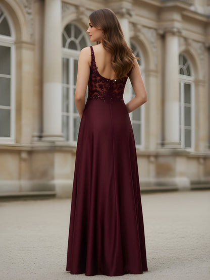 Sleeveless Lace Sequins A-Line Long Dress Burgundy