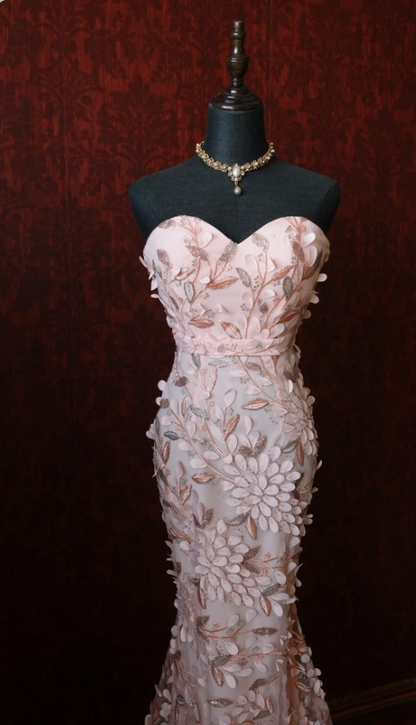 Sweet Pink Mermaid Sweetheart Neckline 3D Petal Tulle Long Prom Dress Evening Dress cc5375