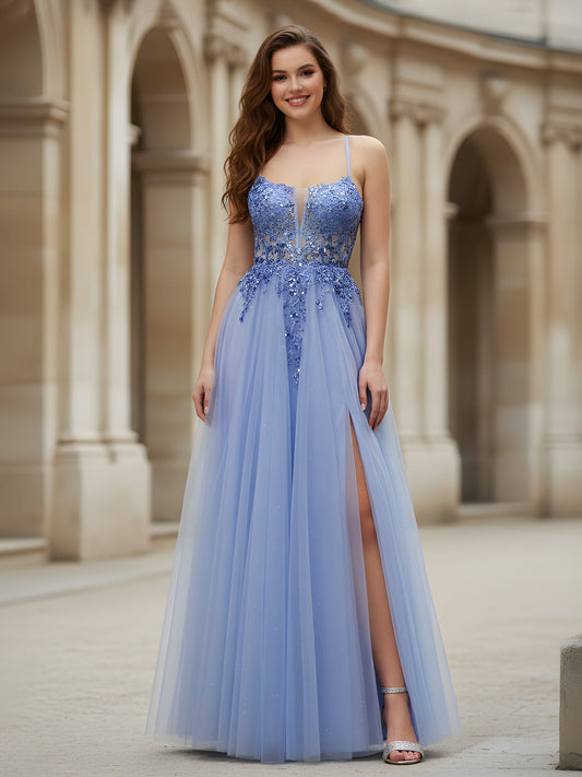 Spaghetti Straps Applique A-Line Tulle Dress With Slit Lavender