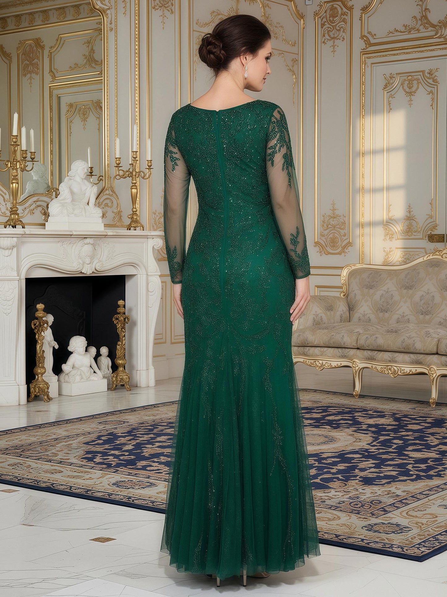 Sheer Long Sleeve Embroidered Mermaid Gown Dark Green