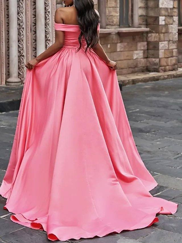 A-Line Minimalist Elegant Wedding Guest Prom Dress Off Shoulder Sleeveless Court Train Sweep / Brush Train Satin with Pleats Split - RongMoon