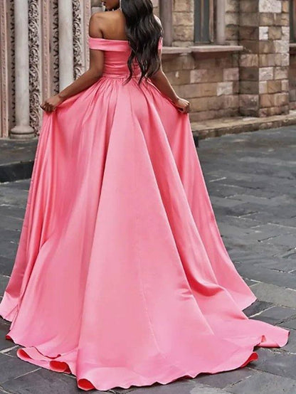 A-Line Minimalist Elegant Wedding Guest Prom Dress Off Shoulder Sleeveless Court Train Sweep / Brush Train Satin with Pleats Split - RongMoon
