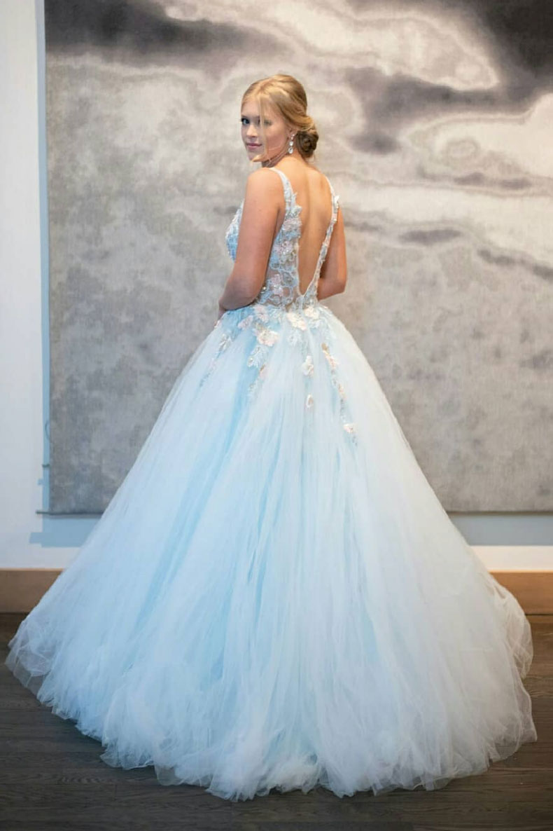 Blue v neck tulle lace long prom dress blue tulle formal dress