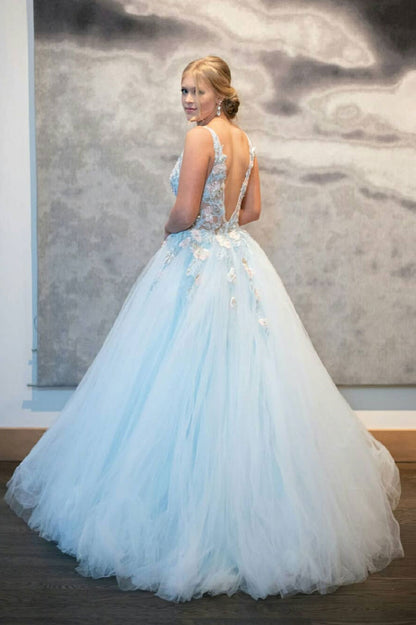 Blue v neck tulle lace long prom dress blue tulle formal dress