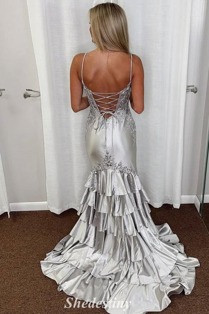 Silver Spaghetti Straps Mermaid Tiered Ruffles Prom Dress with Sequins