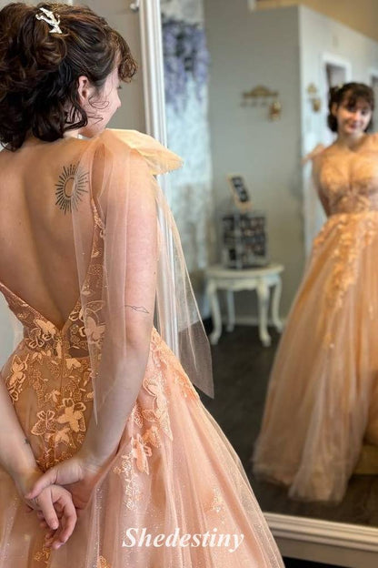 V-Neck A-Line Pearl Pink Applique Tulle Long Prom Dress with Straps