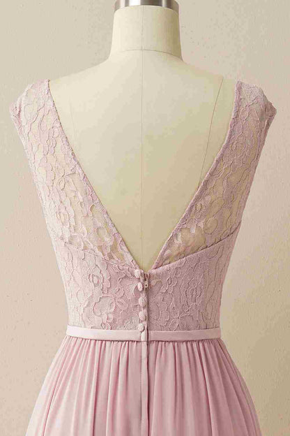 Blush Lace Sleeveless Backless Pleated Bridesmaid Dress
