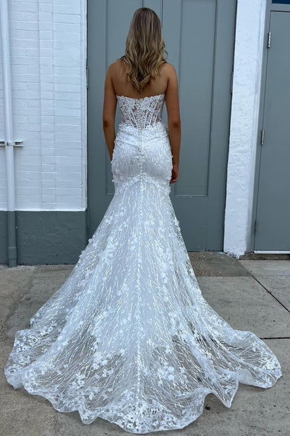 Strapless White Lace Trumpet Long Bridal Gown