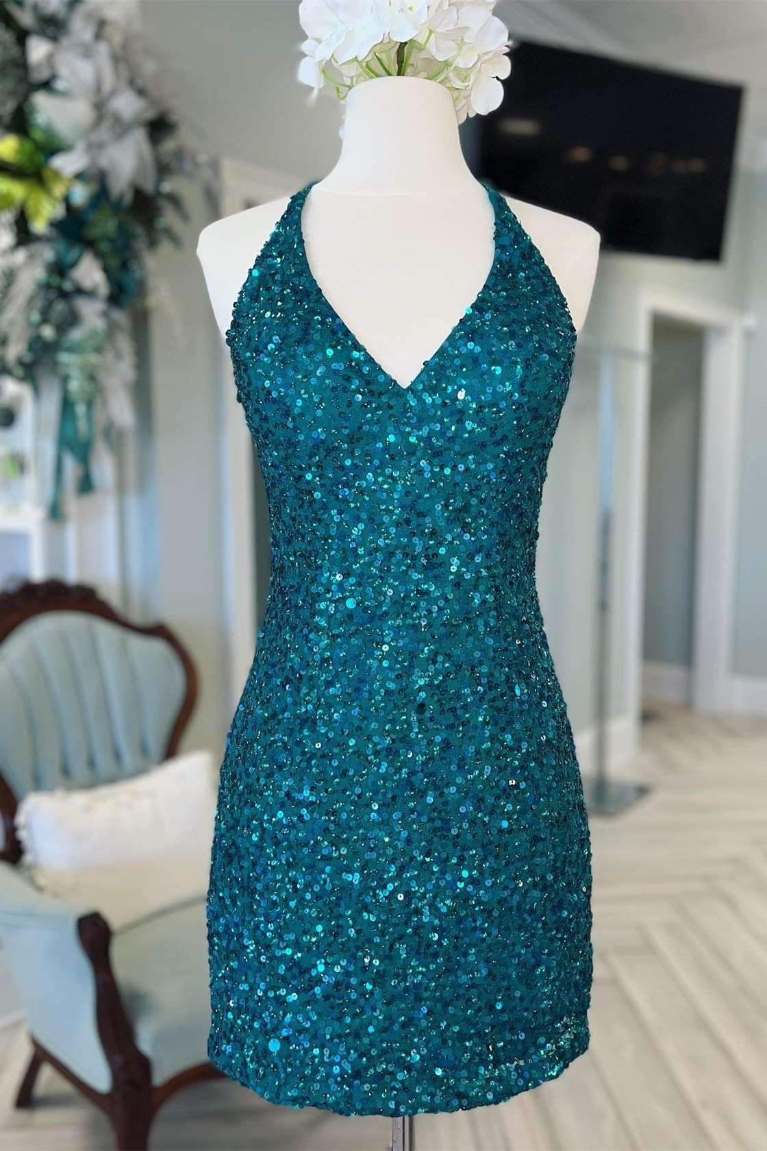 Red Sequin Cross-Back Short Homecoming Dress