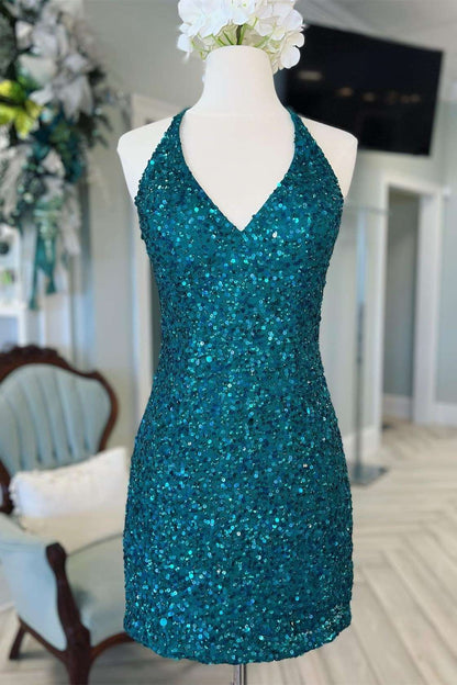 Gold Sequin V-Neck Cross-Back Short Homecoming Dress