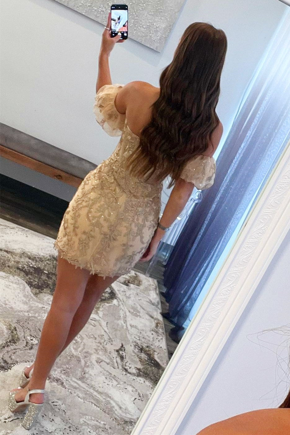 Red Appliques Strapless Short Homecoming Dress with Detachable Sleeves