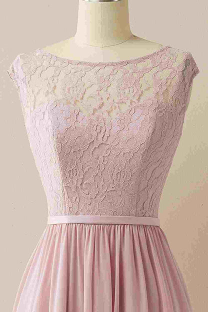 Blush Lace Sleeveless Backless Pleated Bridesmaid Dress