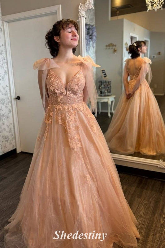 V-Neck A-Line Pearl Pink Applique Tulle Long Prom Dress with Straps