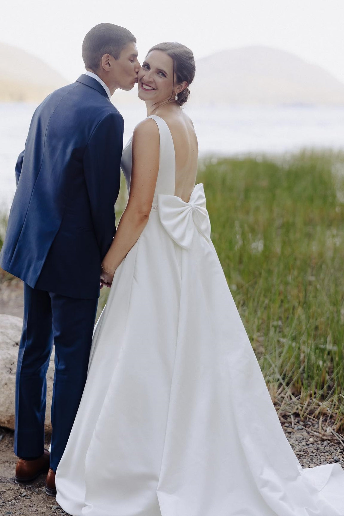 White Satin Bateau Beaded Wedding Dress with Bow