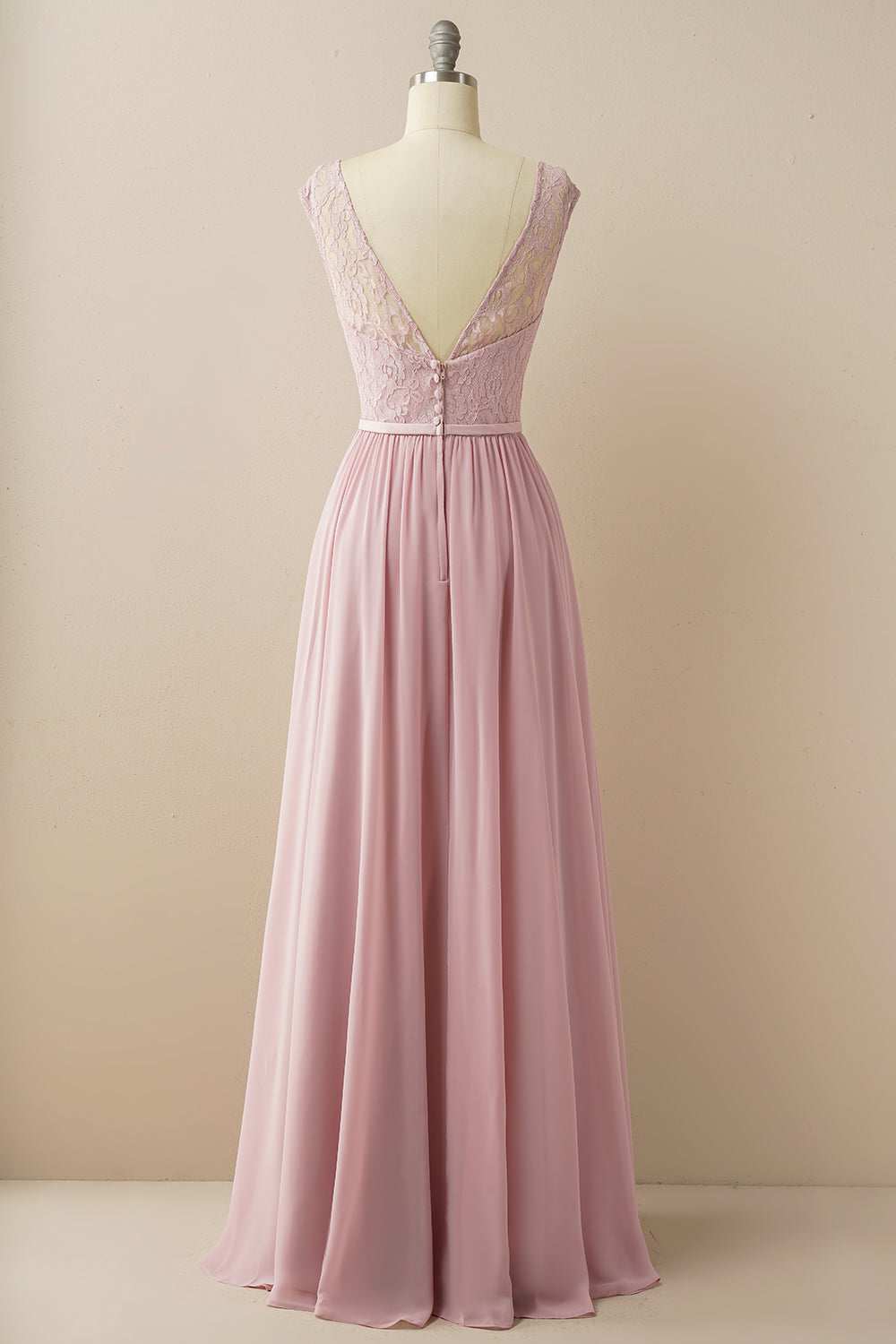 Blush Lace Sleeveless Backless Pleated Bridesmaid Dress