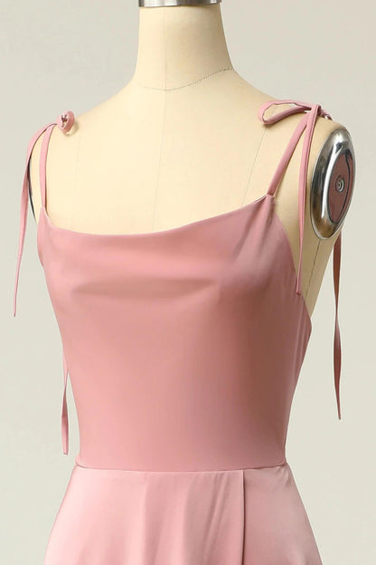 Peach Satin Square Neck Tying Straps Long Bridesmaid Dress