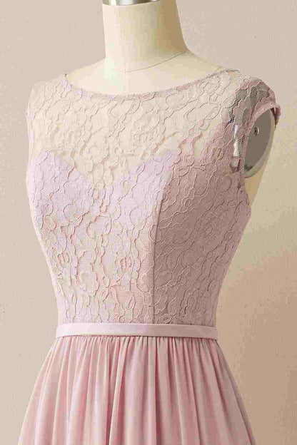 Blush Lace Sleeveless Backless Pleated Bridesmaid Dress