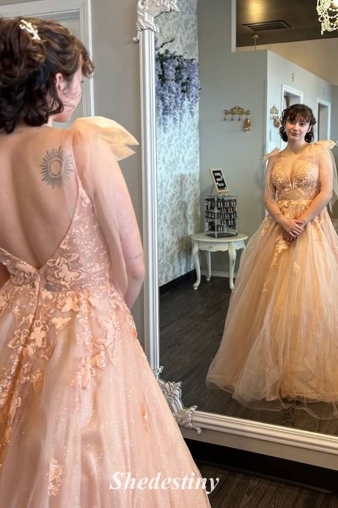 V-Neck A-Line Pearl Pink Applique Tulle Long Prom Dress with Straps