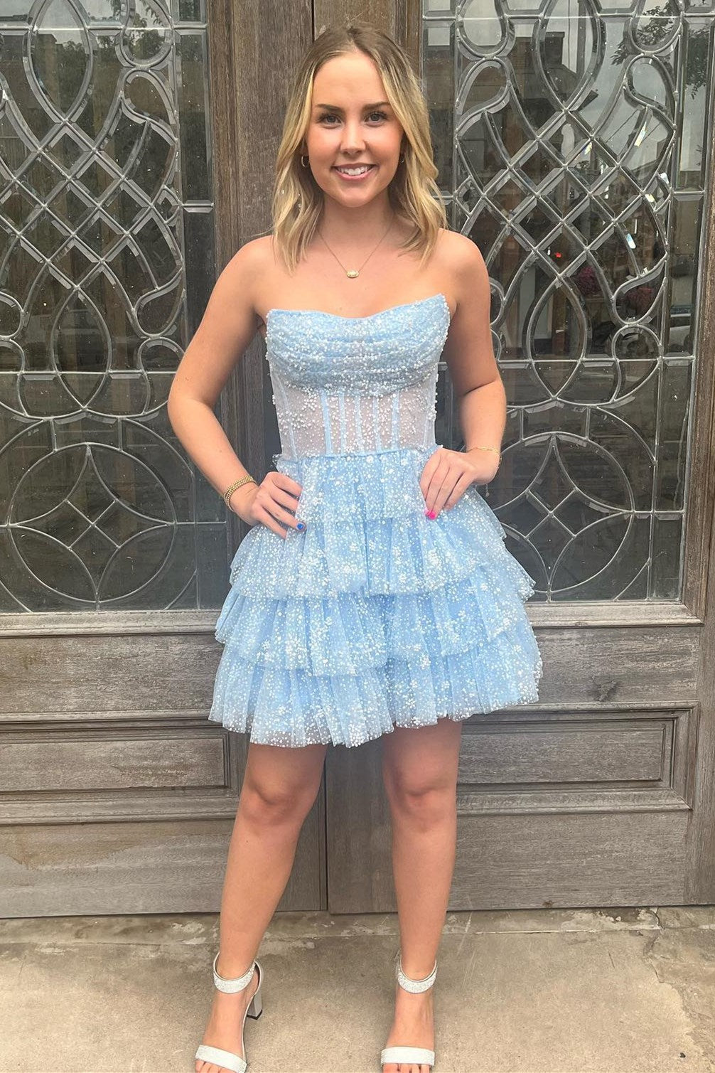 Lavender Tulle Beaded Strapless Tiered Short Gown