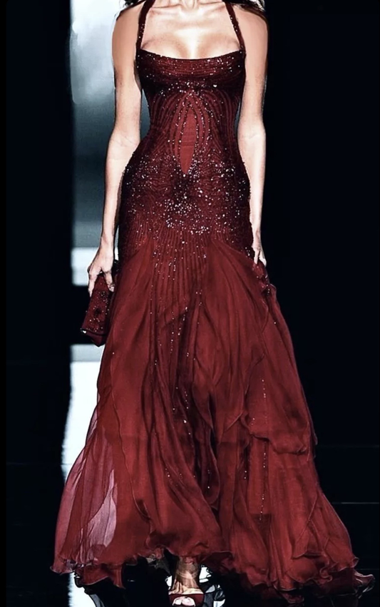 High-end halter-neck slim fit exquisite rhinestone beaded sexy long ball gown, birthday party evening dress, prom dress gh7114