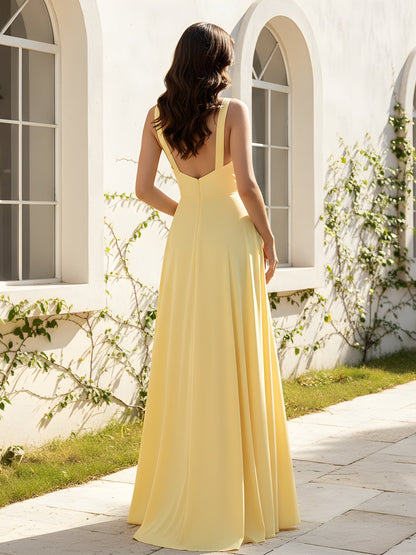 A-Line Pleated V-neck Long Dress With Slit Yellow