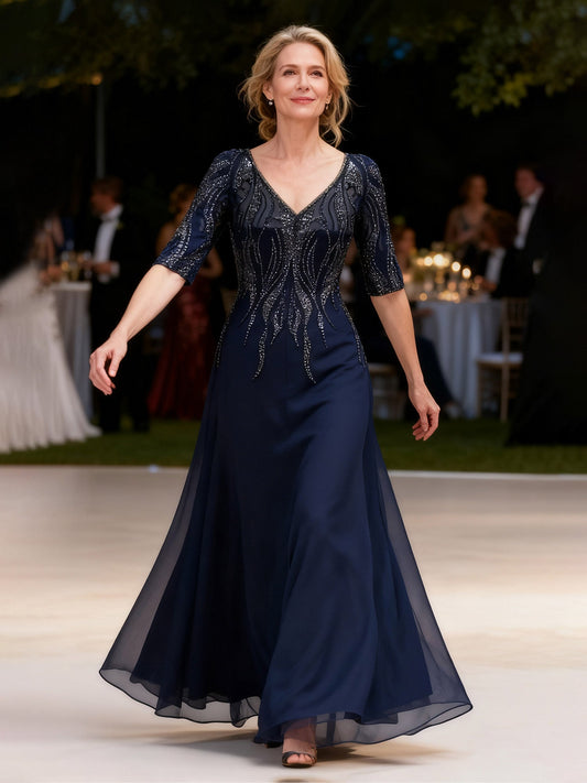 Flowing Skirt Formal Wear with Structured Sequin Top Dark Navy