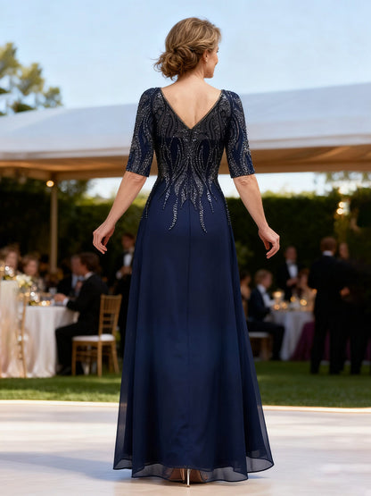 Flowing Skirt Formal Wear with Structured Sequin Top Dark Navy