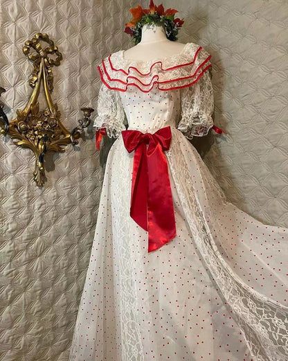 Retro White And Red Color-Blocked Ruffled Collar Polka Dot Bow Lace A-line Long Prom Dress Evening Dress cc5376