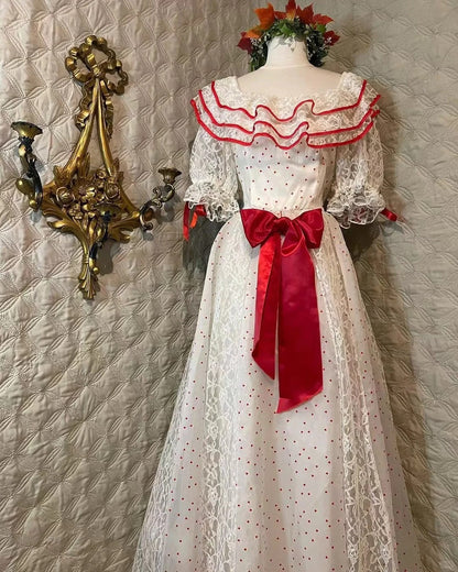 Retro White And Red Color-Blocked Ruffled Collar Polka Dot Bow Lace A-line Long Prom Dress Evening Dress cc5376